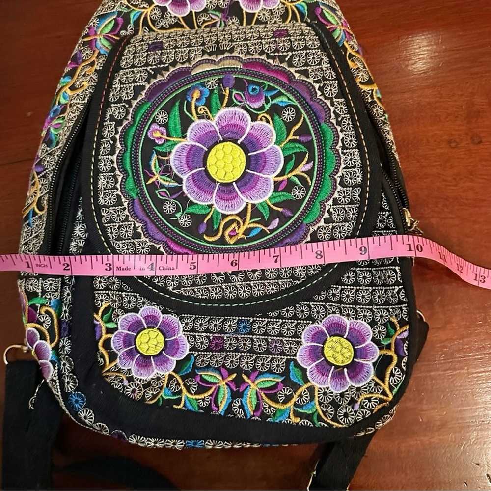 Floral Embroided Backpack Boho Bohemian Black Pur… - image 11