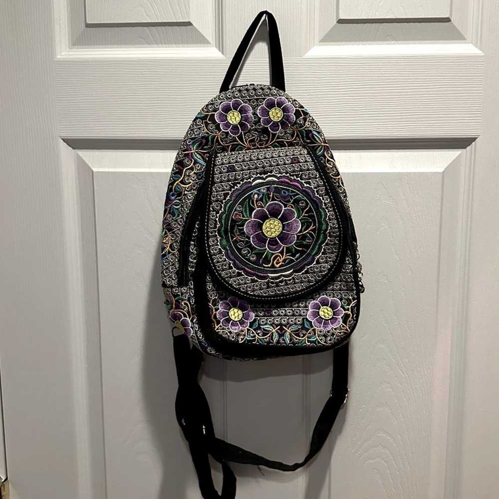 Floral Embroided Backpack Boho Bohemian Black Pur… - image 12