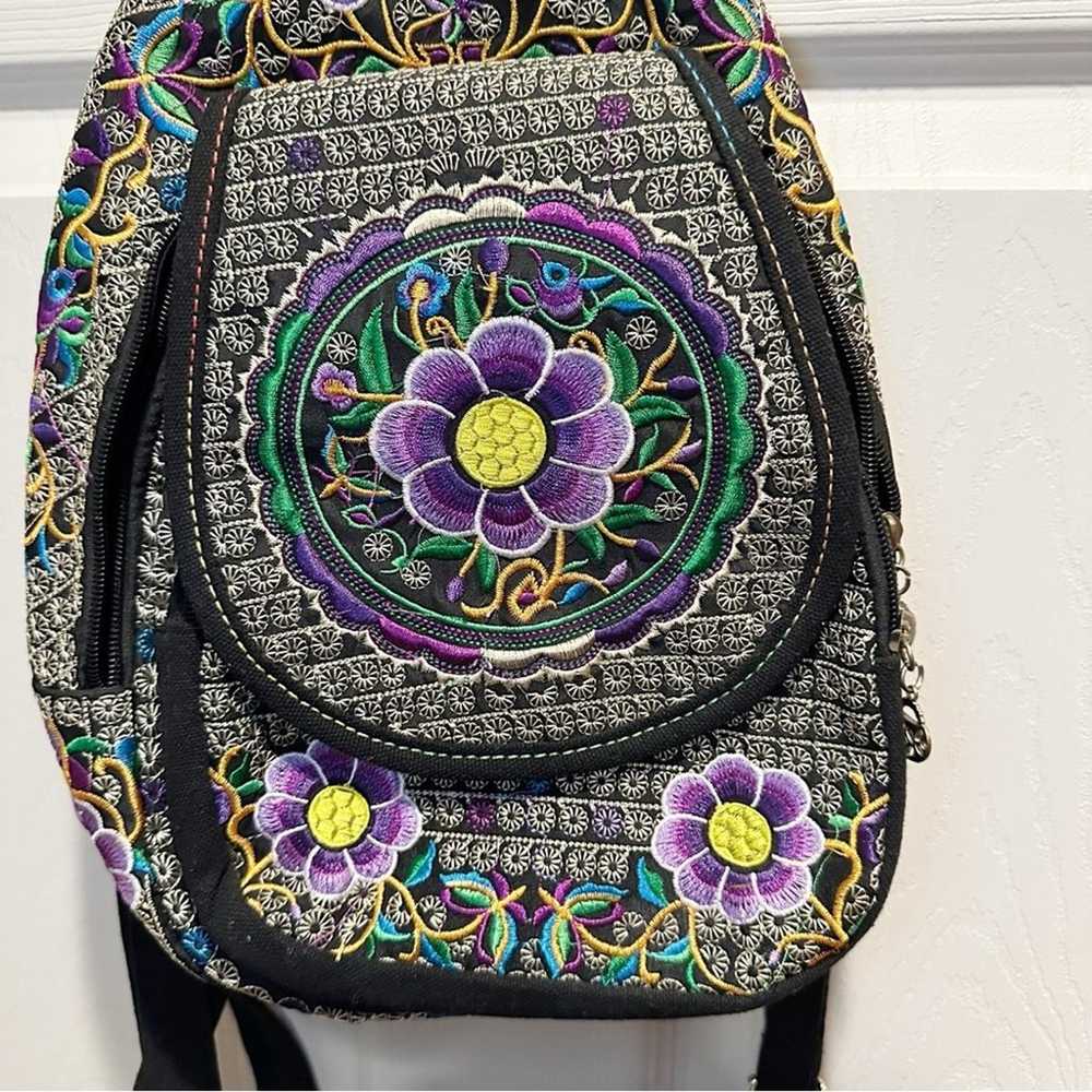 Floral Embroided Backpack Boho Bohemian Black Pur… - image 2