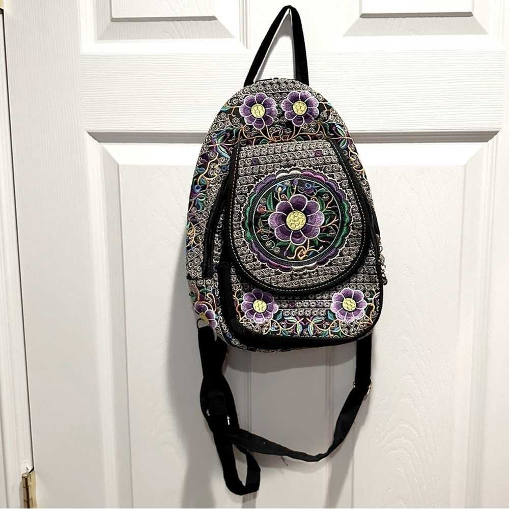 Floral Embroided Backpack Boho Bohemian Black Pur… - image 3