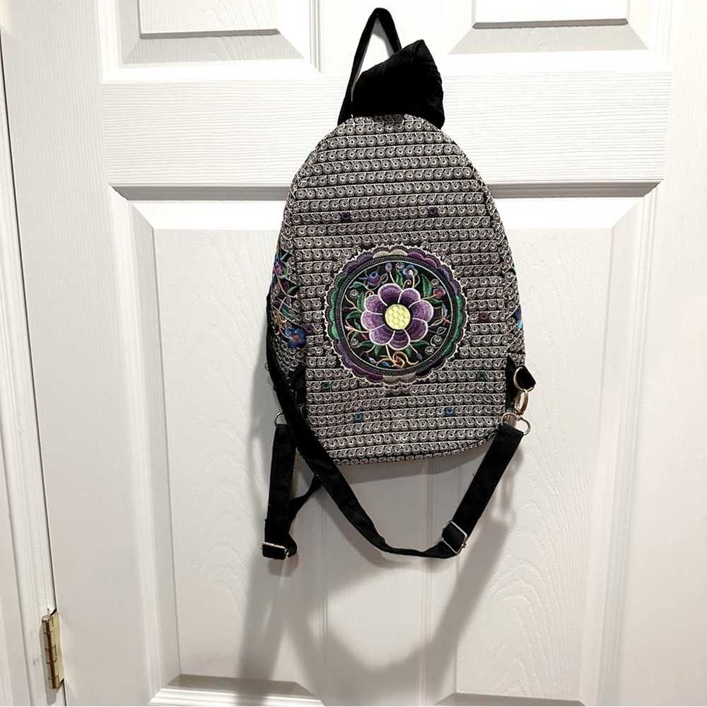 Floral Embroided Backpack Boho Bohemian Black Pur… - image 4