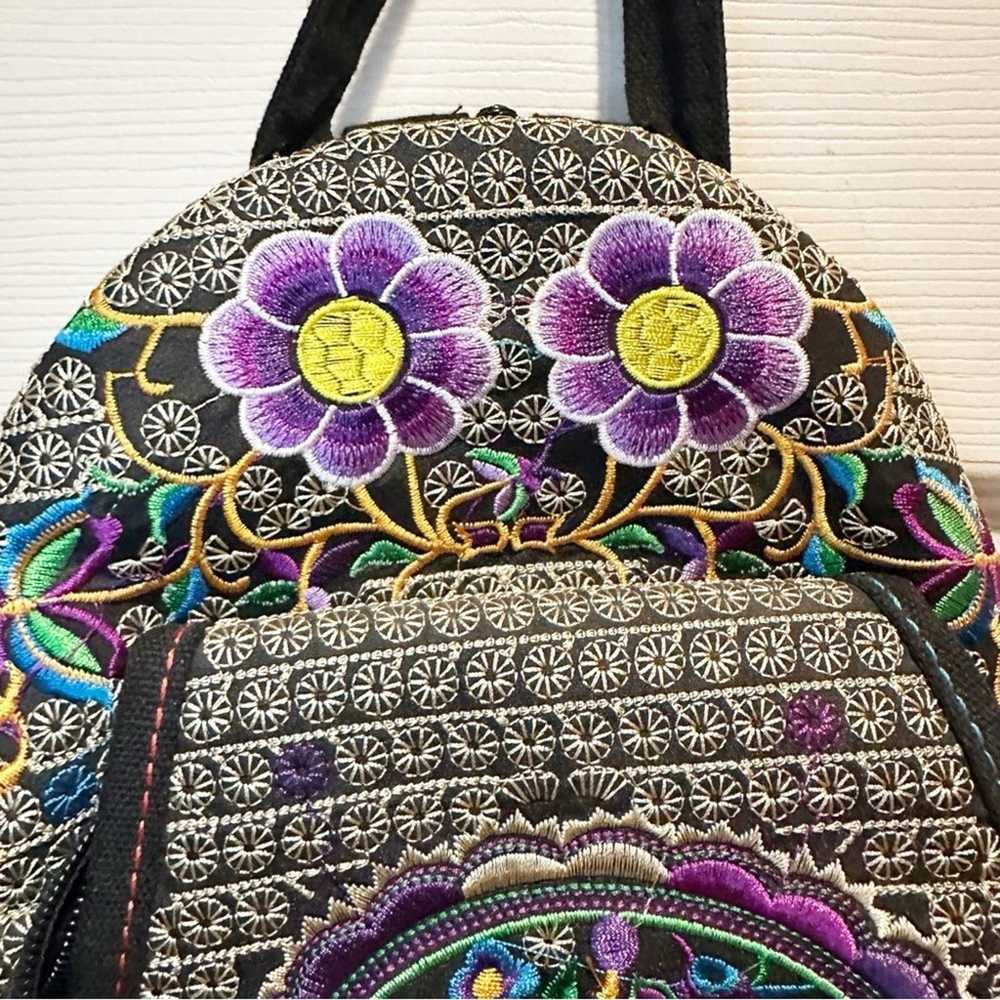 Floral Embroided Backpack Boho Bohemian Black Pur… - image 5