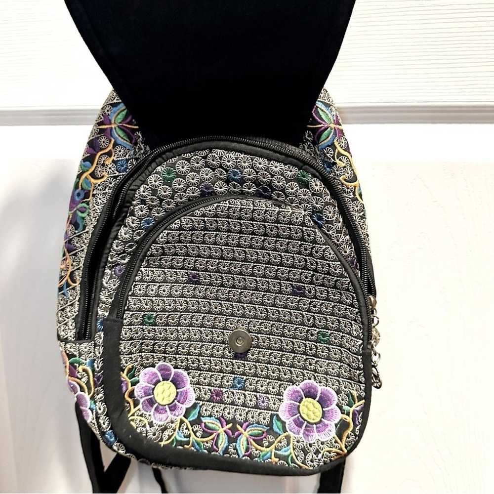 Floral Embroided Backpack Boho Bohemian Black Pur… - image 7