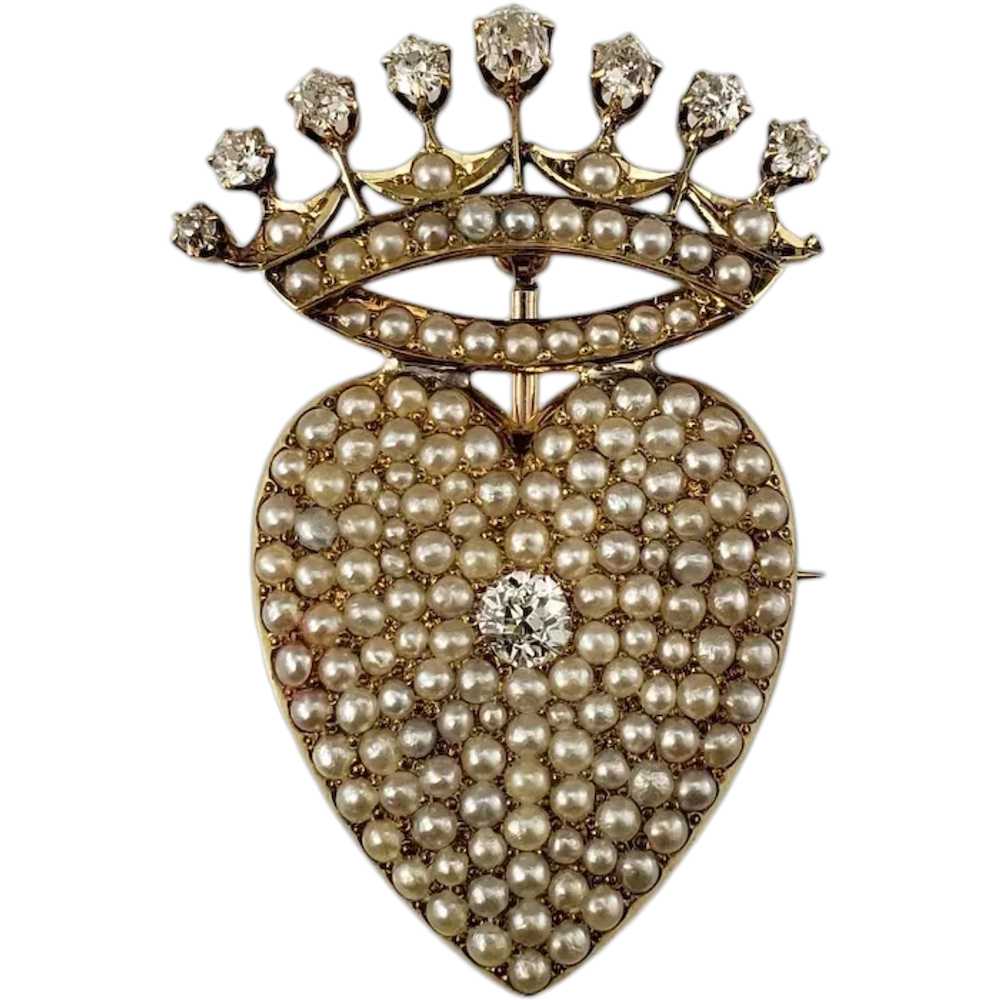 14 Karat Yellow Gold Pearl and Diamond Crowned He… - image 1