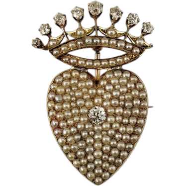 14 Karat Yellow Gold Pearl and Diamond Crowned He… - image 1