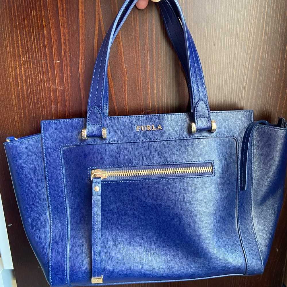 Navy Blue Furla Shoulder Bag Ginevra Genuine Leat… - image 1