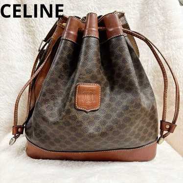 CELINE Leather Drawstring Shoulder Bag Macadam Pat