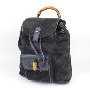 GUCCI Bamboo Suede Navy Leather Backpack