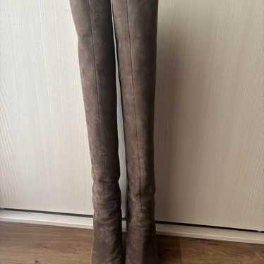 Gray Suede Knee-High Boots with High Heels