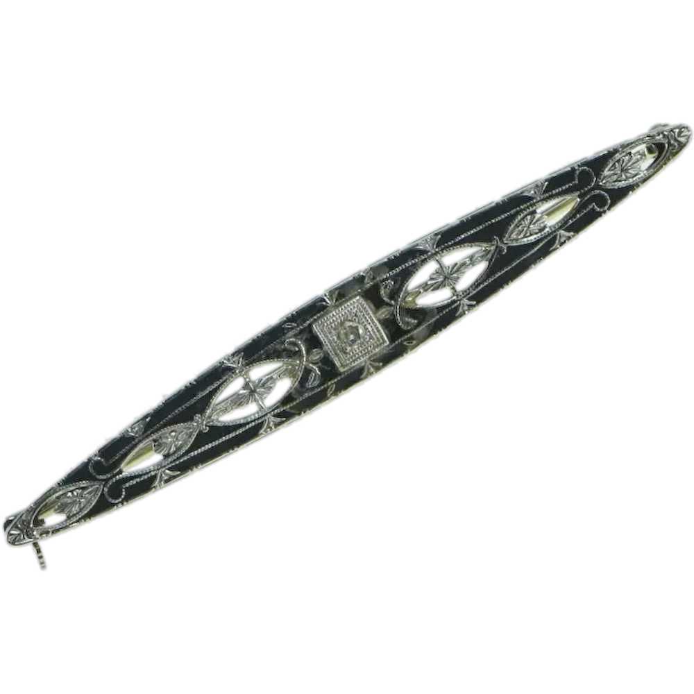 14K Art Deco Diamond Enamel Filigree Ornate Bar P… - image 1