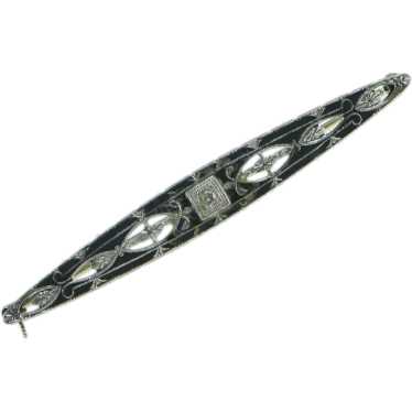 14K Art Deco Diamond Enamel Filigree Ornate Bar P… - image 1