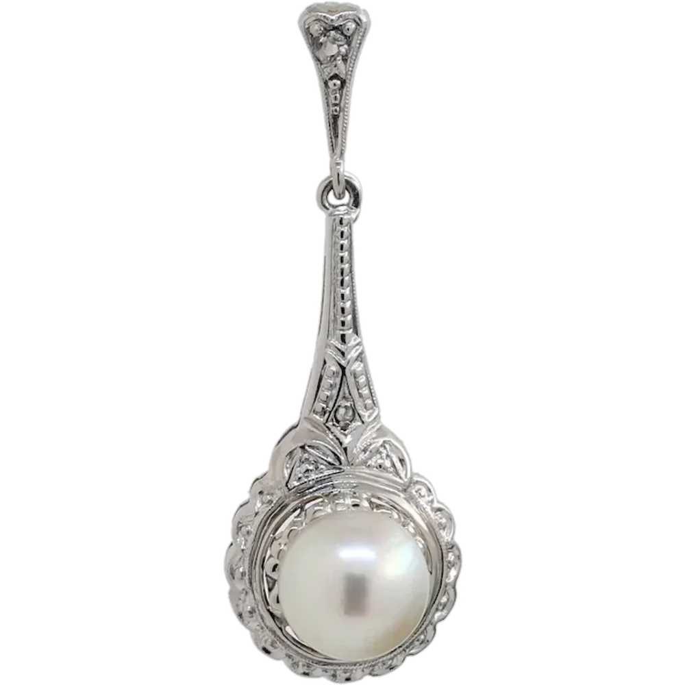 Vintage Pearl Diamond Pendant 14K White Gold 1.18… - image 1