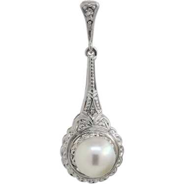 Vintage Pearl Diamond Pendant 14K White Gold 1.18"