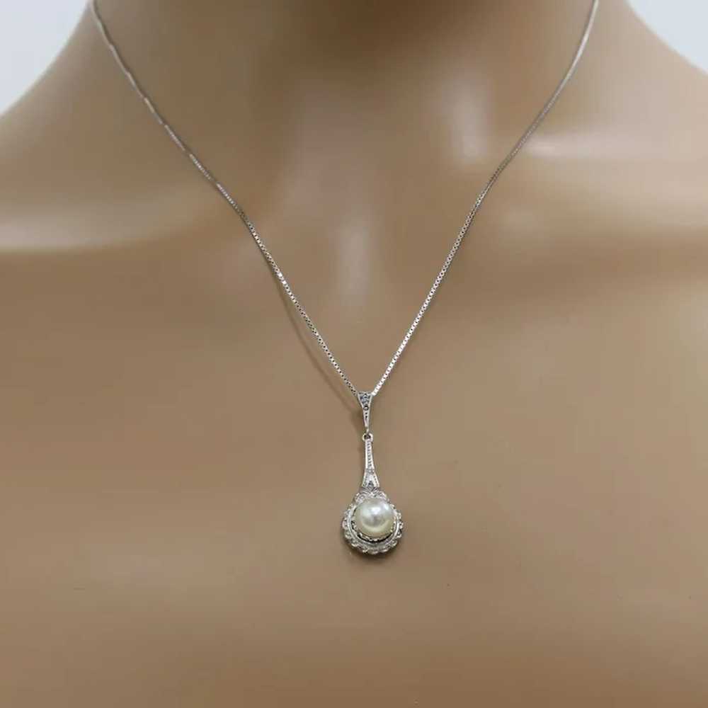 Vintage Pearl Diamond Pendant 14K White Gold 1.18… - image 2