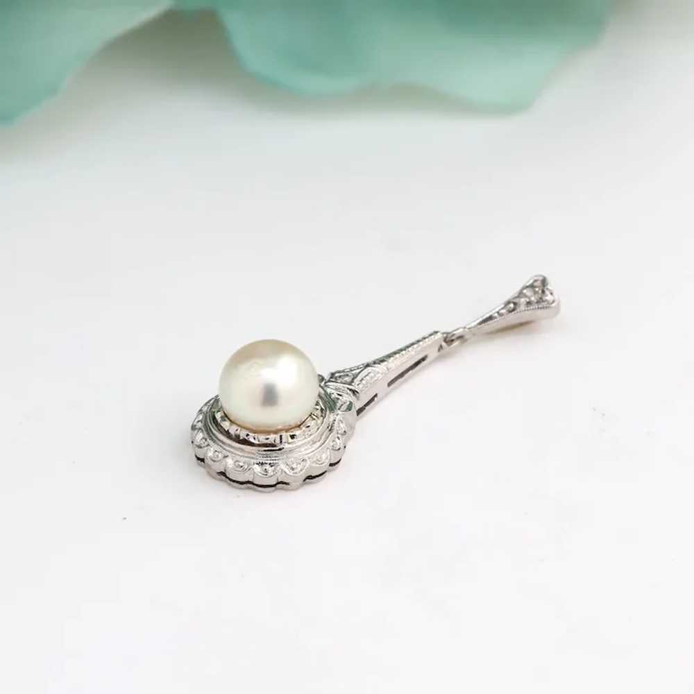 Vintage Pearl Diamond Pendant 14K White Gold 1.18… - image 3