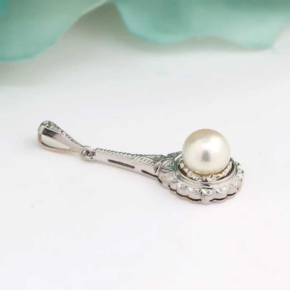 Vintage Pearl Diamond Pendant 14K White Gold 1.18… - image 4