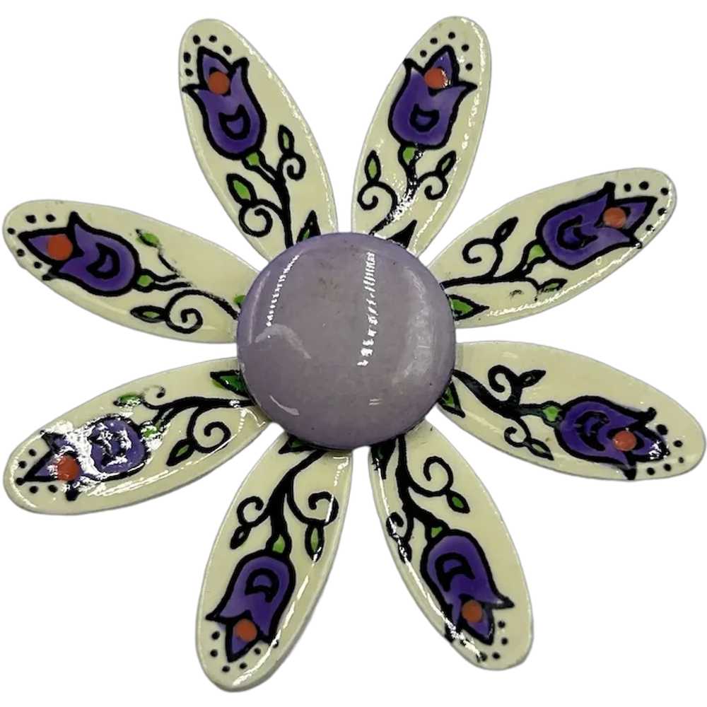 Handpainted Daisy Flower Pin Brooch with Purple C… - image 1