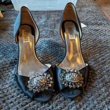 Badgley Mischka Jeweled Black Satin Heels, Black S