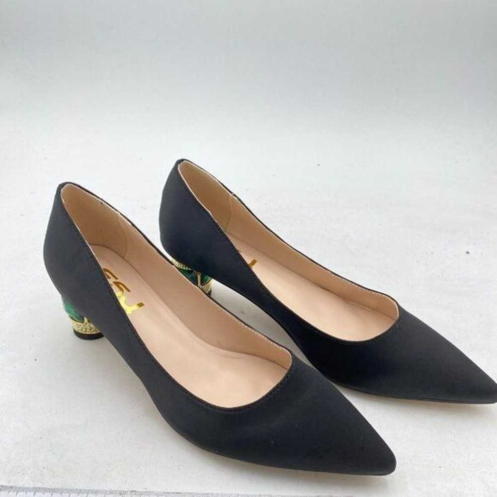 FSJ Black Bridal Pointed Toe Chunky Low Heel Crys… - image 3