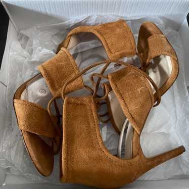 INC Camel Suede Strappy Open-Toe Heels