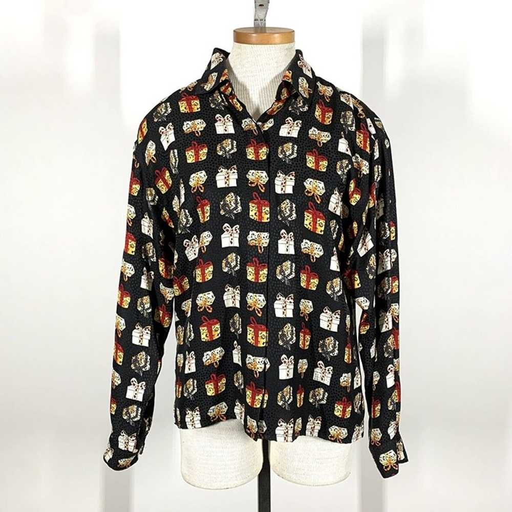 Vintage 80s Maggy London 100% Silk Long Sleeve Bu… - image 1