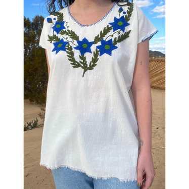 Vintage White and Blue Embroidered Floral Mexican 