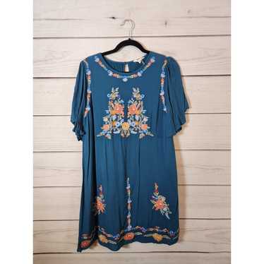 Entro Womens Blue Floral Embroidered Flutter Sleev