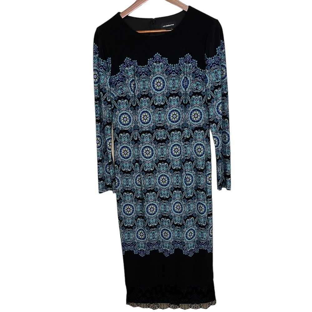 LIZ CLAIBORNE Sheath Midi Dress Black Teal Multi … - image 1