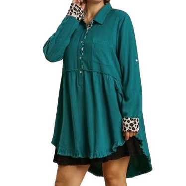 Umgee Linen Blend Green Leopard Contrast Tunic Dr… - image 1