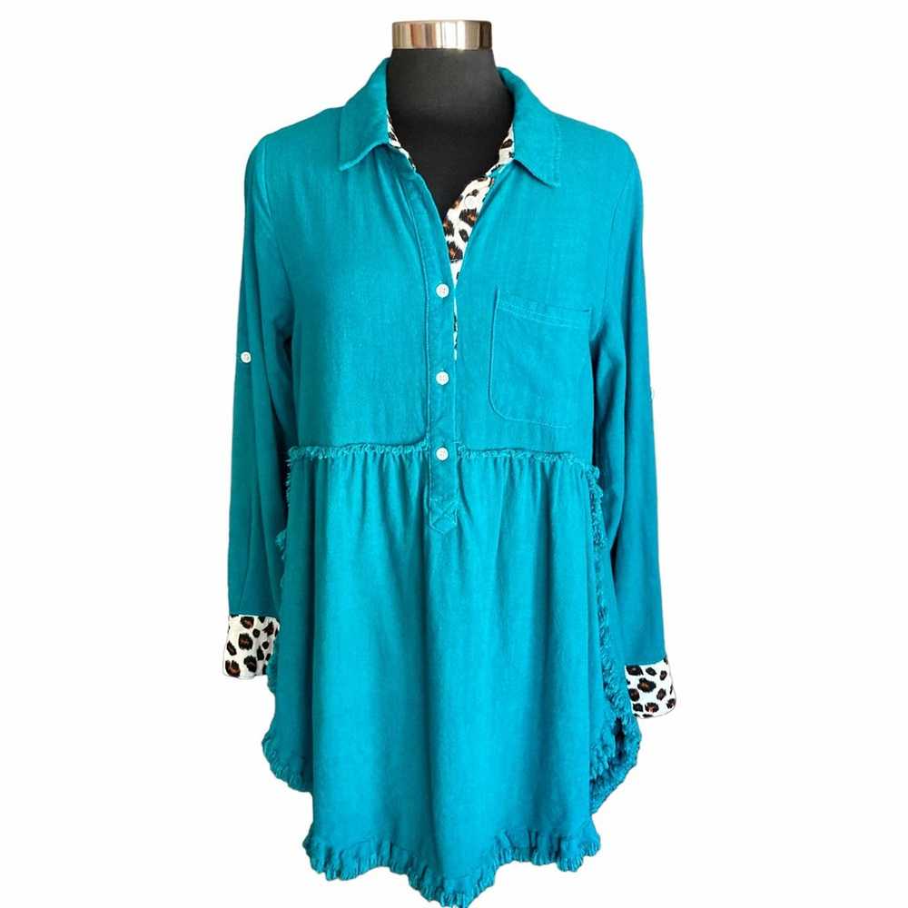 Umgee Linen Blend Green Leopard Contrast Tunic Dr… - image 2