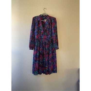 Vintage 80s floral long sleeve pleated midi dress… - image 1