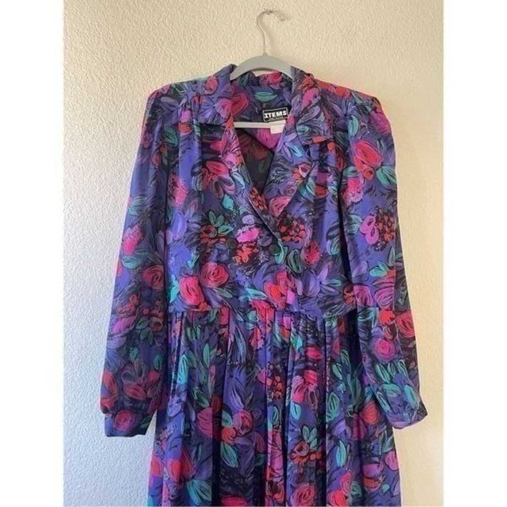 Vintage 80s floral long sleeve pleated midi dress… - image 2