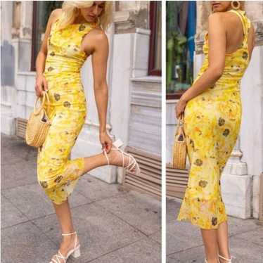 Zara yellow floral mesh racerback midi dress