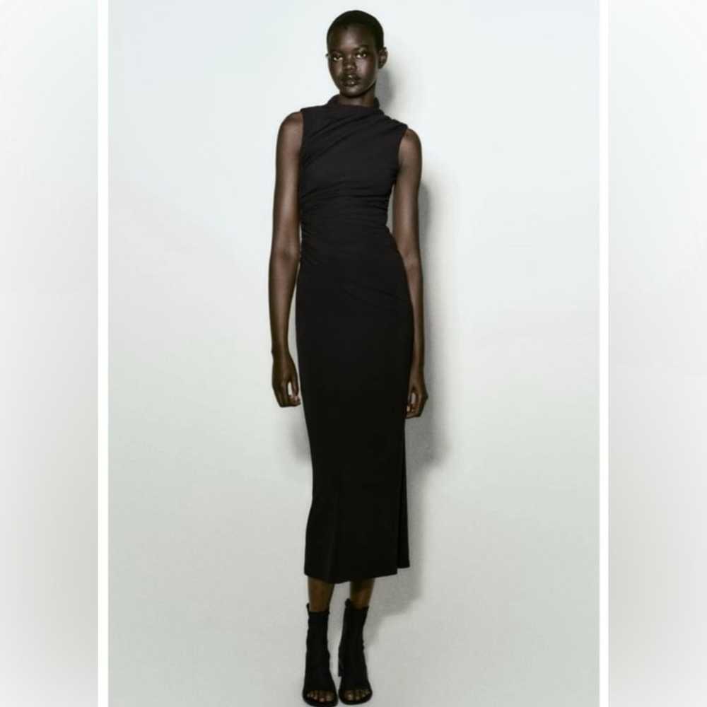 Zara Black Draped Midi Dress Size M - image 1