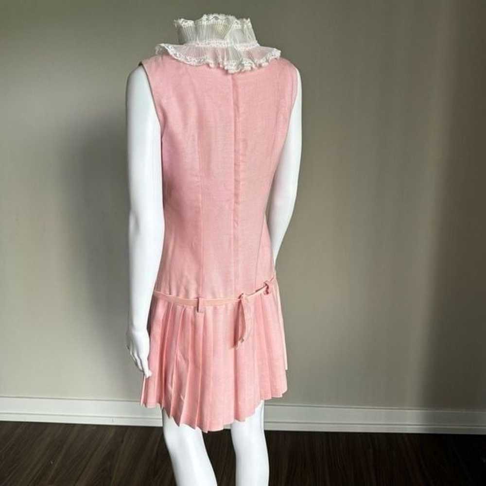 1960’s Pink Linen Drop Waist Lace Detail Mini Dre… - image 5