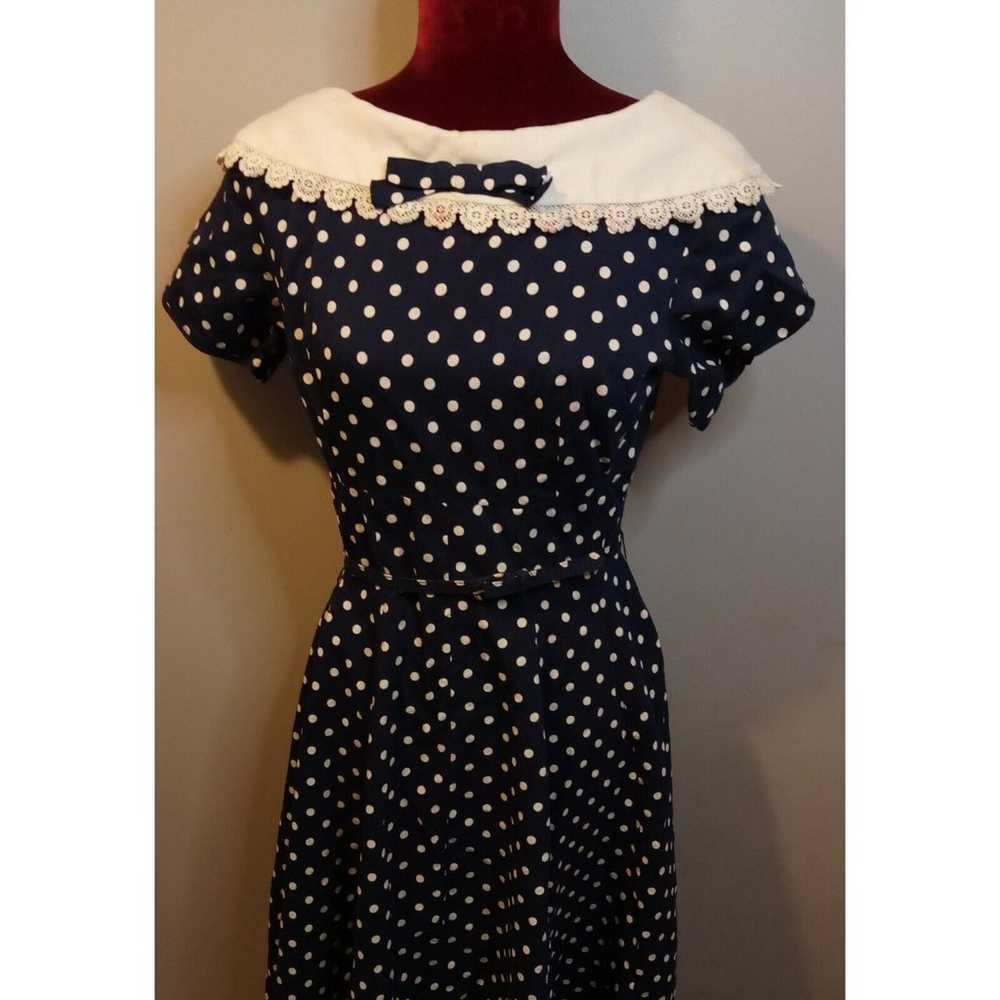 Vintage Womens Dress Small Navy White Polka Dot A… - image 1