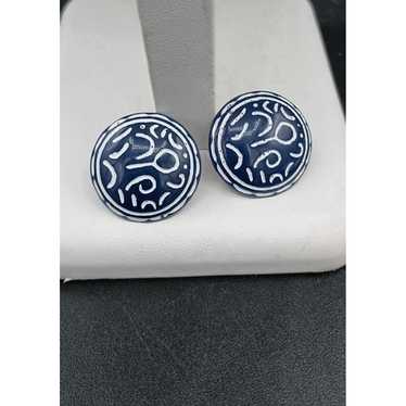 Vintage Abstract Navy & White Button Stud Earrings - image 1