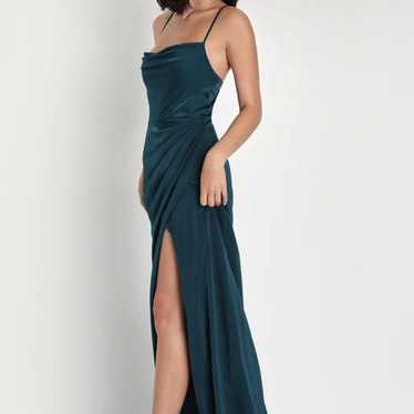 Lulus Dark Teal Satin Cowl Neck Tulip Maxi Dress … - image 1