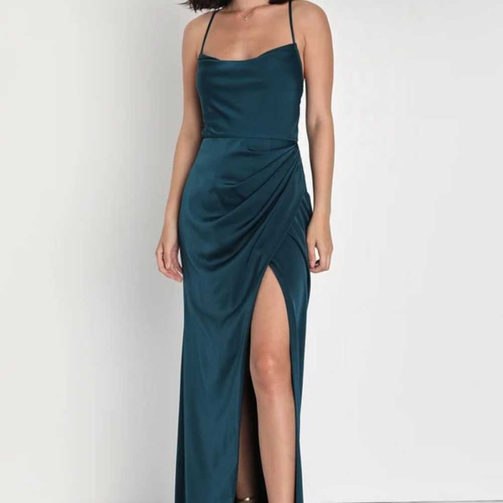 Lulus Dark Teal Satin Cowl Neck Tulip Maxi Dress … - image 3