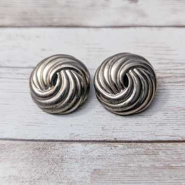 Vintage Clip On Earrings - 1" Aged Silver Tone Ci… - image 1