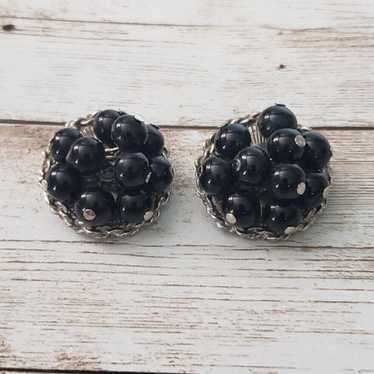 Vintage Clip On Earrings Black Beads Woven Silver… - image 1