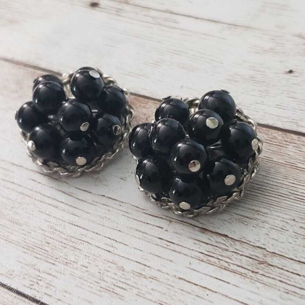 Vintage Clip On Earrings Black Beads Woven Silver… - image 2