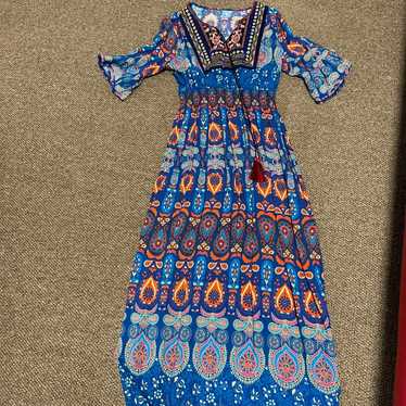 Blue Paisley Pattern Long Dress Short Sleeves - image 1