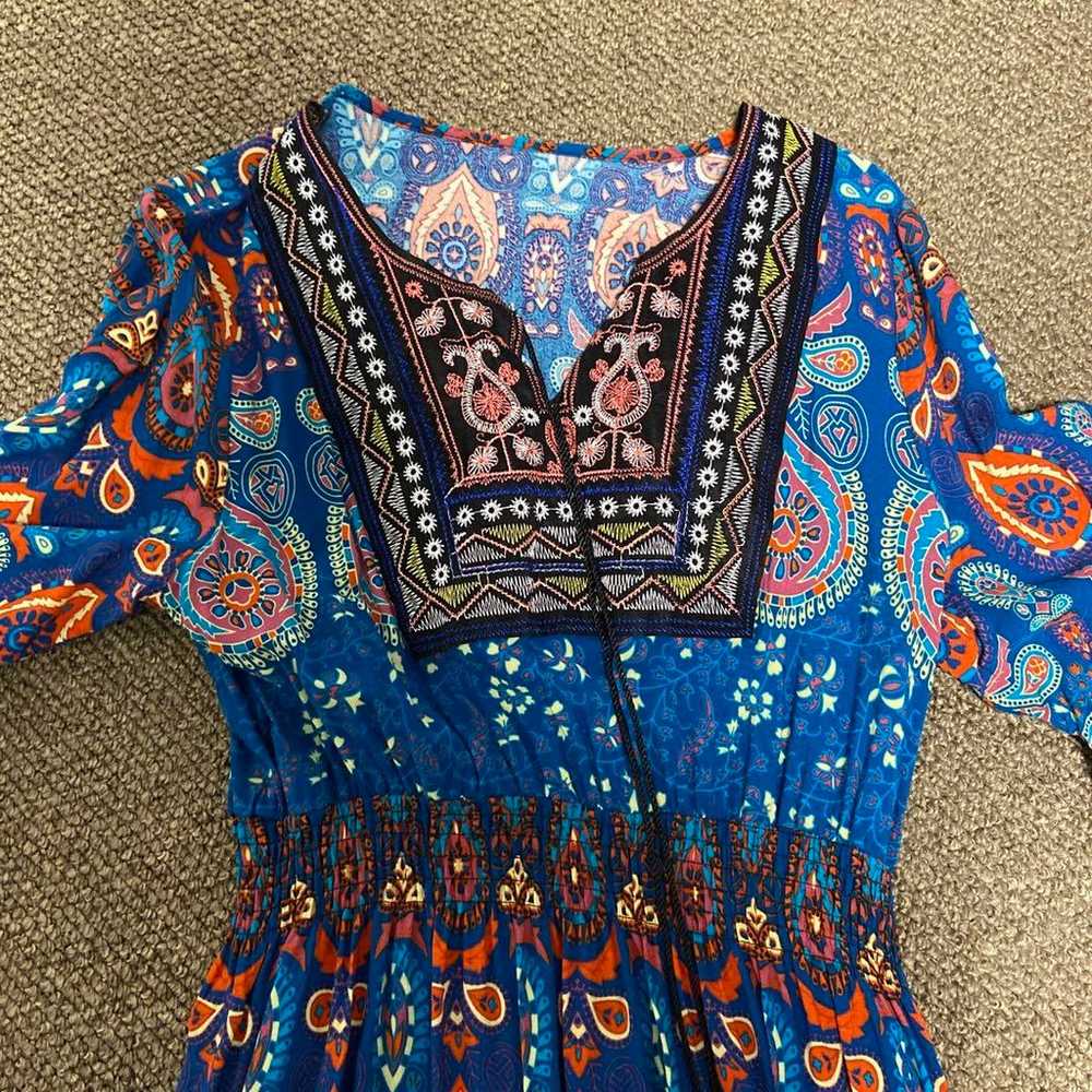 Blue Paisley Pattern Long Dress Short Sleeves - image 2