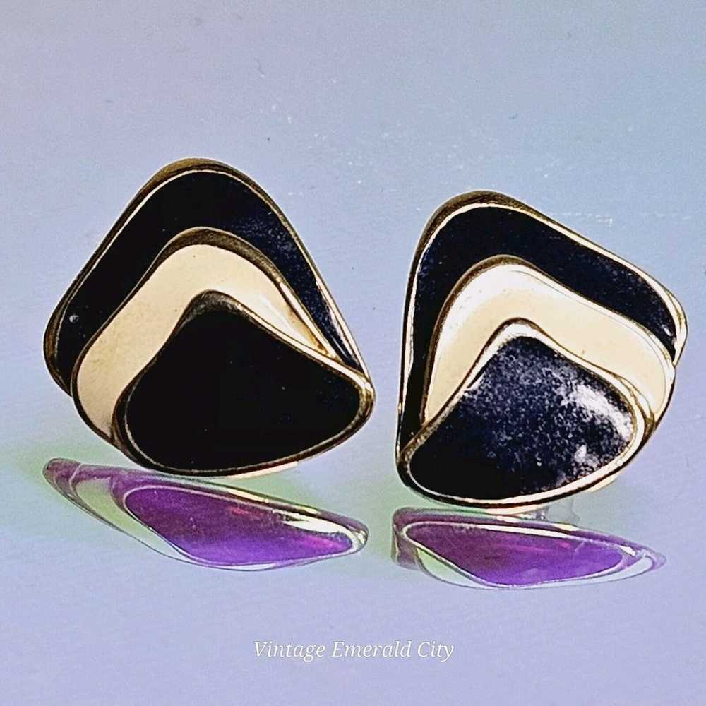 Vintage Pierced Earrings Gold Plated Navy Blue & … - image 10