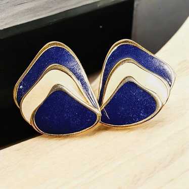 Vintage Pierced Earrings Gold Plated Navy Blue & … - image 1