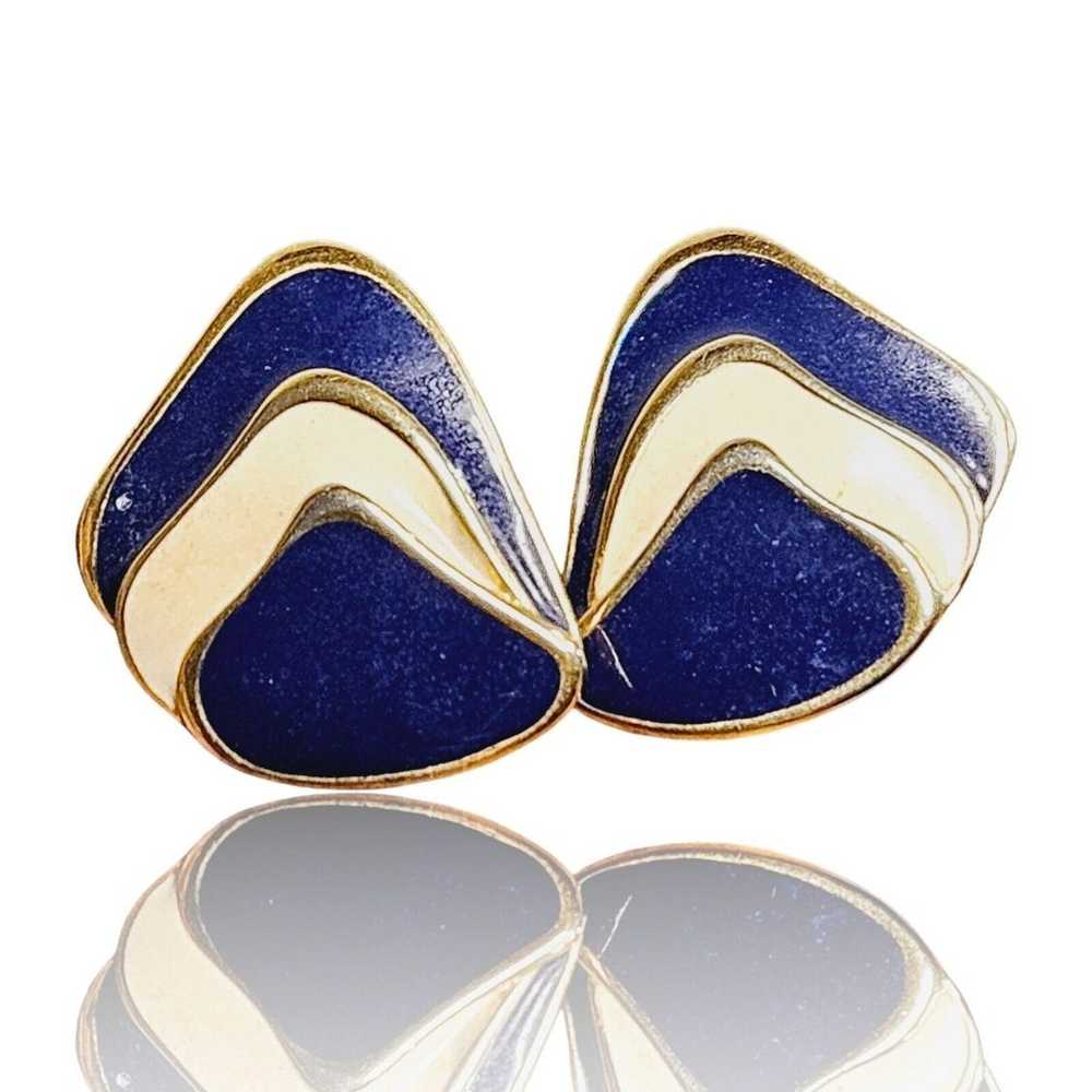 Vintage Pierced Earrings Gold Plated Navy Blue & … - image 2