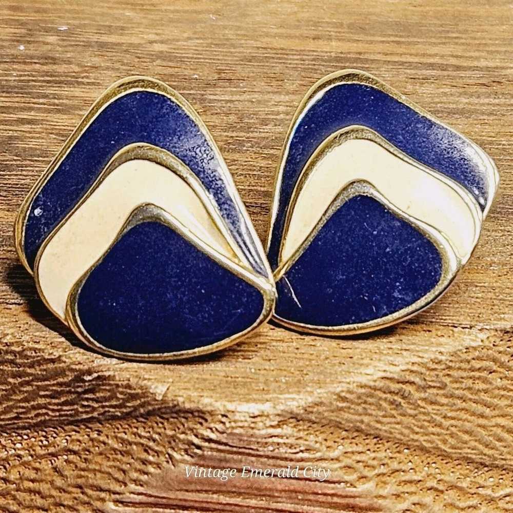 Vintage Pierced Earrings Gold Plated Navy Blue & … - image 3