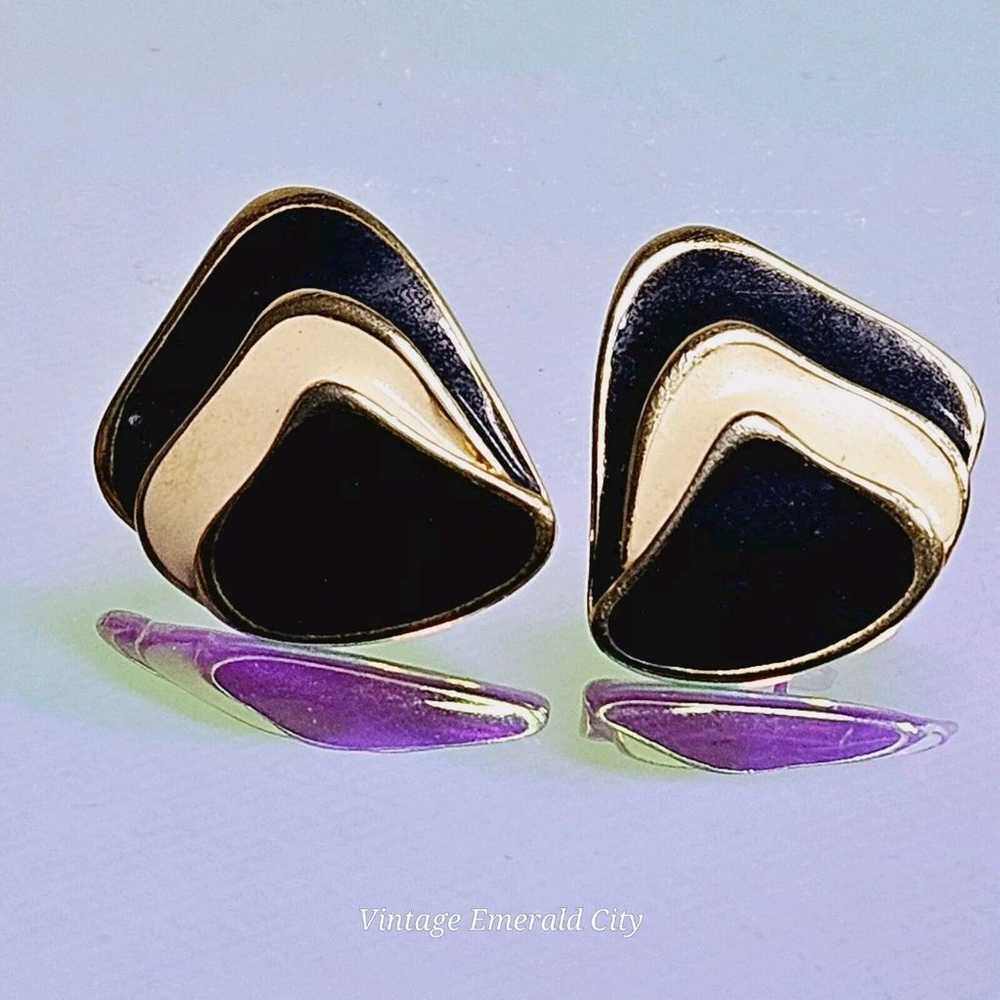 Vintage Pierced Earrings Gold Plated Navy Blue & … - image 4