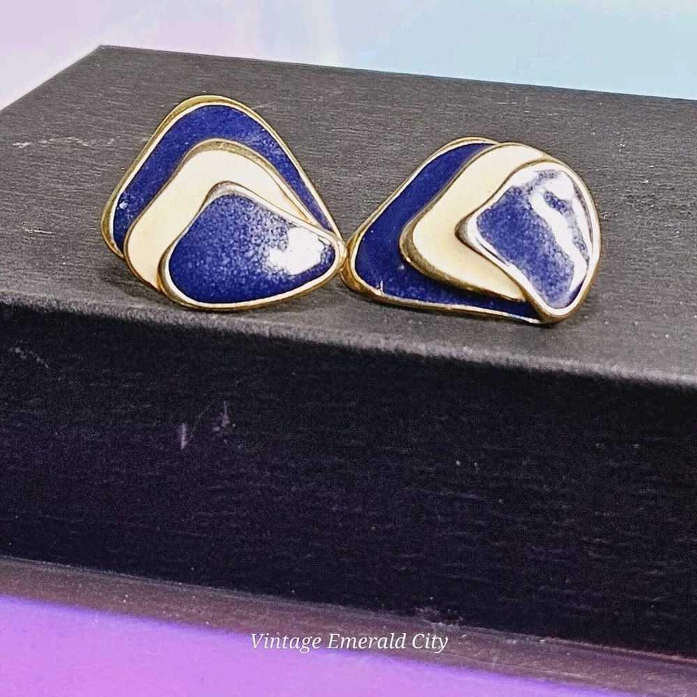 Vintage Pierced Earrings Gold Plated Navy Blue & … - image 5